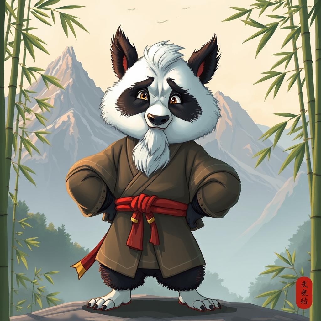 A masterful illustration of a wise martial arts master reminiscent of Master Shifu from Kung Fu Panda, showcasing intricate details in his fur, wise eyes, and traditional martial arts attire