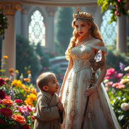 A captivating scene depicting a proud princess in an elegant, intricately embroidered gown with shimmering jewels, standing imposingly in a beautiful palace garden filled with vibrant flowers and lush greenery