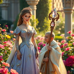 A captivating scene depicting a proud princess in an elegant, intricately embroidered gown with shimmering jewels, standing imposingly in a beautiful palace garden filled with vibrant flowers and lush greenery