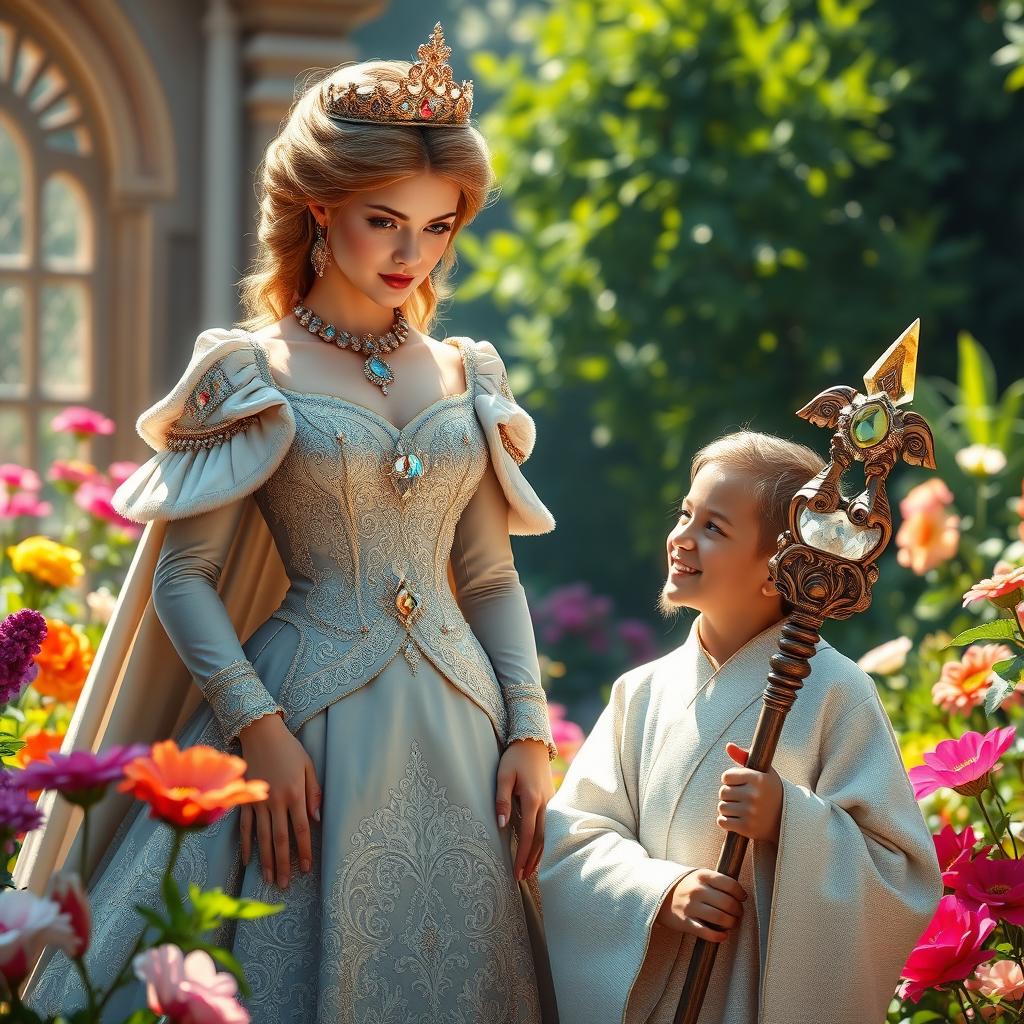 A captivating scene depicting a proud princess in an elegant, intricately embroidered gown with shimmering jewels, standing imposingly in a beautiful palace garden filled with vibrant flowers and lush greenery