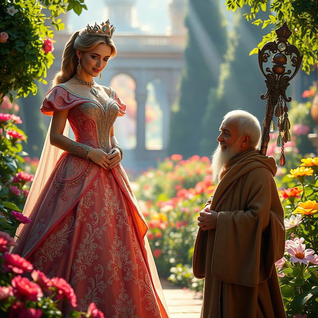 A captivating scene depicting a proud princess in an elegant, intricately embroidered gown with shimmering jewels, standing imposingly in a beautiful palace garden filled with vibrant flowers and lush greenery