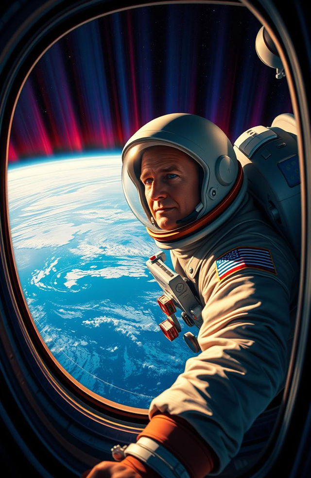 An imaginative depiction of John Glenn in a vintage space suit, orbiting the Earth in a spacecraft