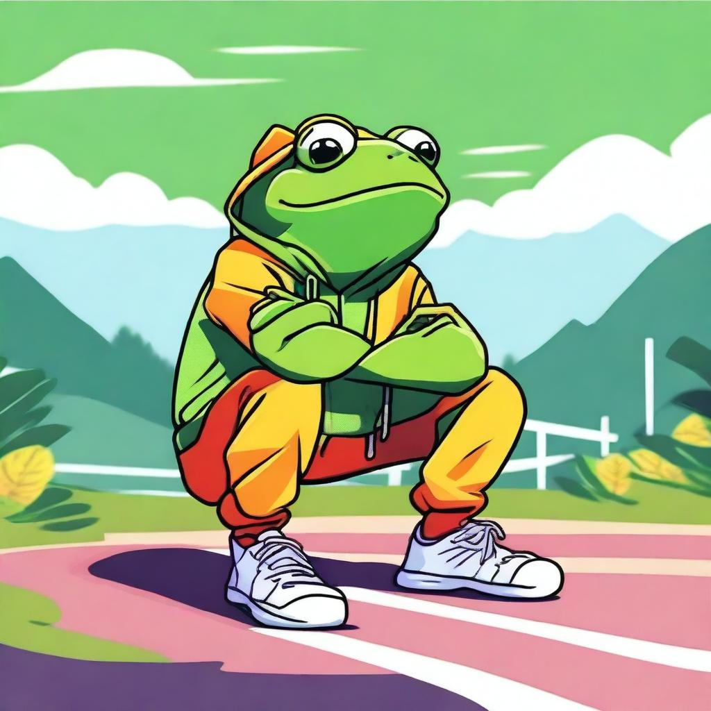 A high-quality digital art image featuring a frog in a tracksuit, crouching down