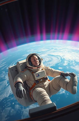 An imaginative depiction of John Glenn in a vintage space suit, orbiting the Earth in a spacecraft