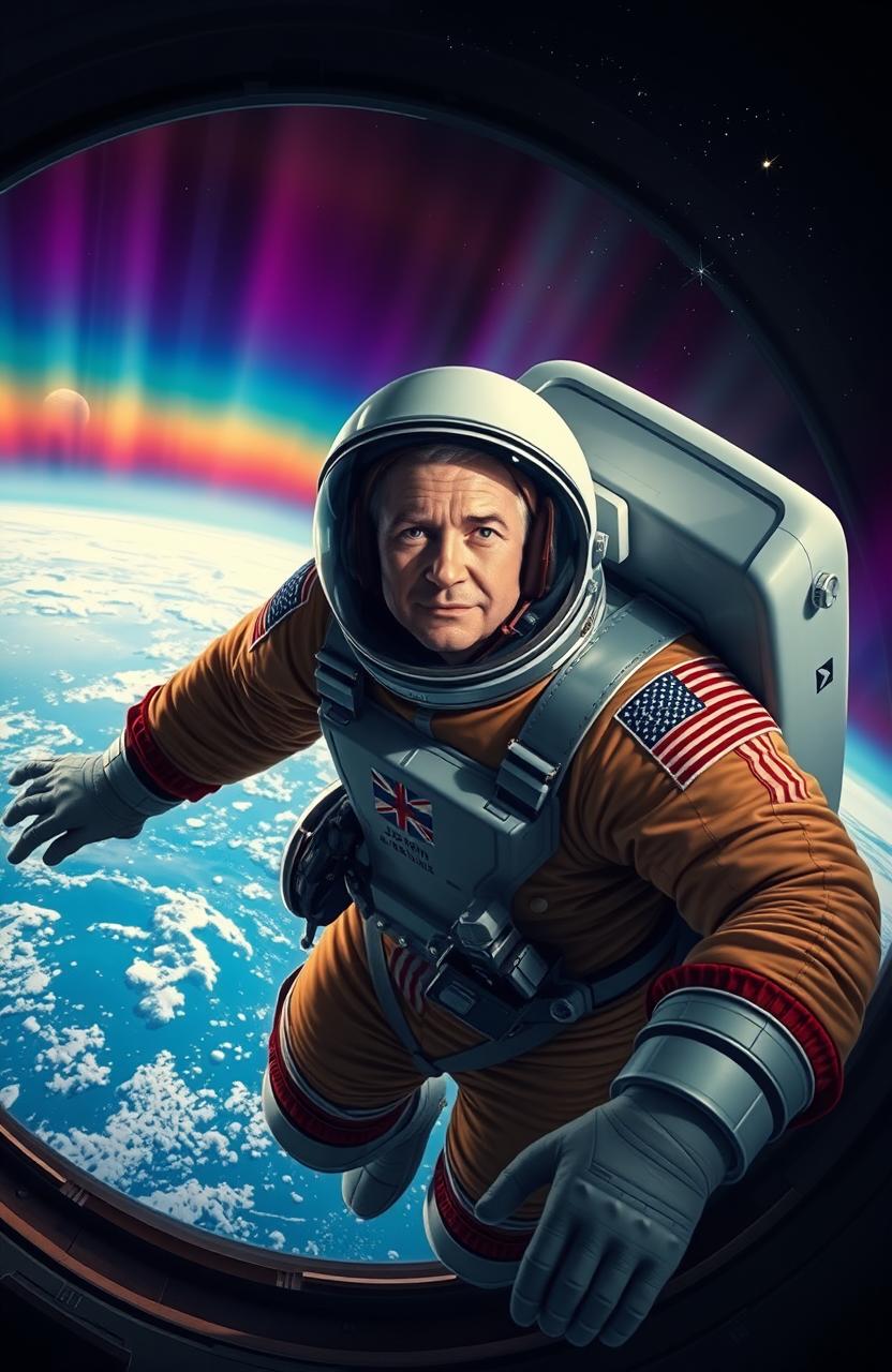 An imaginative depiction of John Glenn in a vintage space suit, orbiting the Earth in a spacecraft