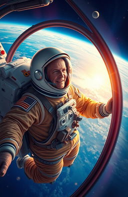 An imaginative depiction of John Glenn in a vintage space suit, orbiting the Earth in a spacecraft