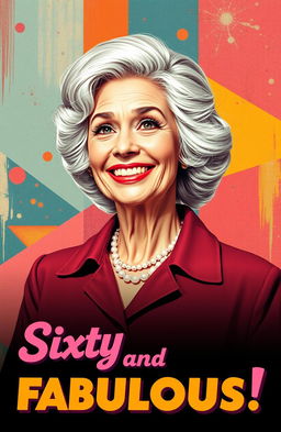 A captivating retro-style poster featuring a stylish older woman at sixty-six years of age