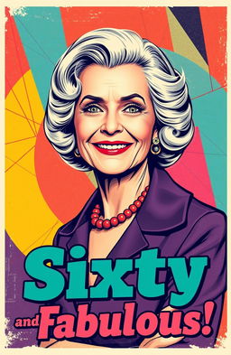 A captivating retro-style poster featuring a stylish older woman at sixty-six years of age