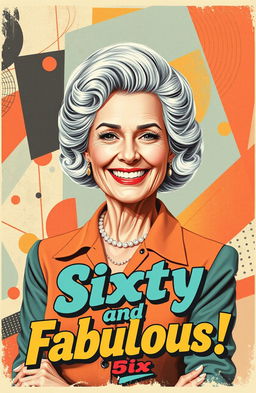 A captivating retro-style poster featuring a stylish older woman at sixty-six years of age