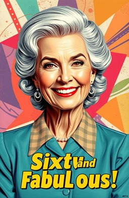 A captivating retro-style poster featuring a stylish older woman at sixty-six years of age