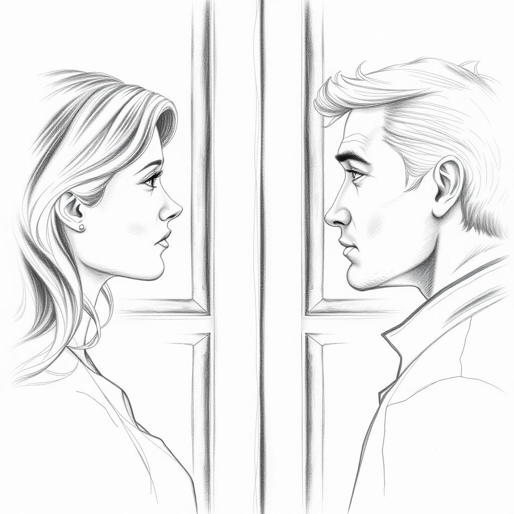 A detailed pencil drawing from a side view of a woman and a man separated by a closed door