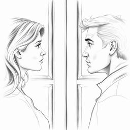 A detailed pencil drawing from a side view of a woman and a man separated by a closed door