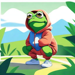 A high-quality digital art image featuring a frog in a tracksuit, crouching down