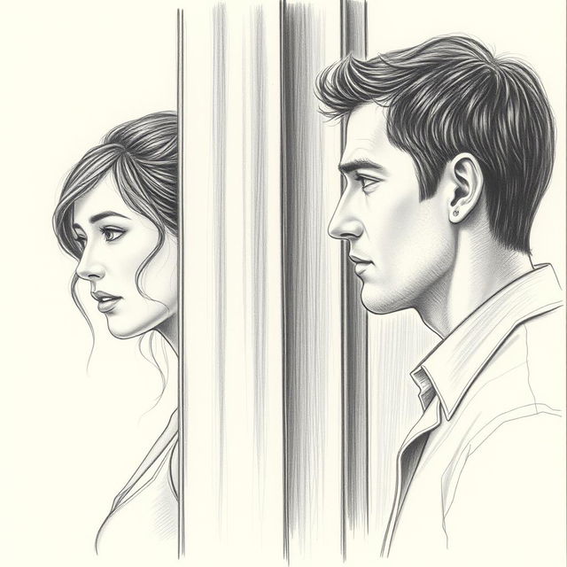 A detailed pencil drawing from a side view of a woman and a man separated by a closed door