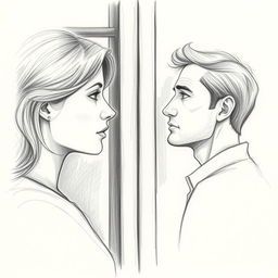 A detailed pencil drawing from a side view of a woman and a man separated by a closed door