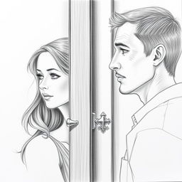 A detailed pencil drawing from a side view of a woman and a man separated by a closed door