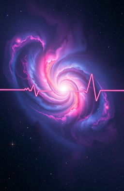 A stunning view of a galaxy shaped like a heartbeat, with vibrant colors of pink and blue swirling around