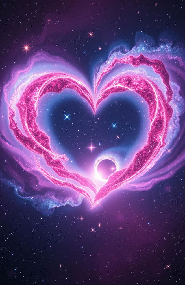 A stunning view of a galaxy shaped like a heartbeat, with vibrant colors of pink and blue swirling around