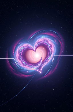 A stunning view of a galaxy shaped like a heartbeat, with vibrant colors of pink and blue swirling around