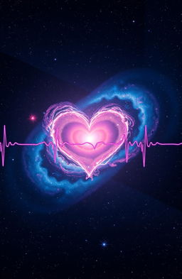 A stunning view of a galaxy shaped like a heartbeat, with vibrant colors of pink and blue swirling around
