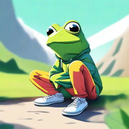 A high-quality digital art image featuring a frog in a tracksuit, crouching down