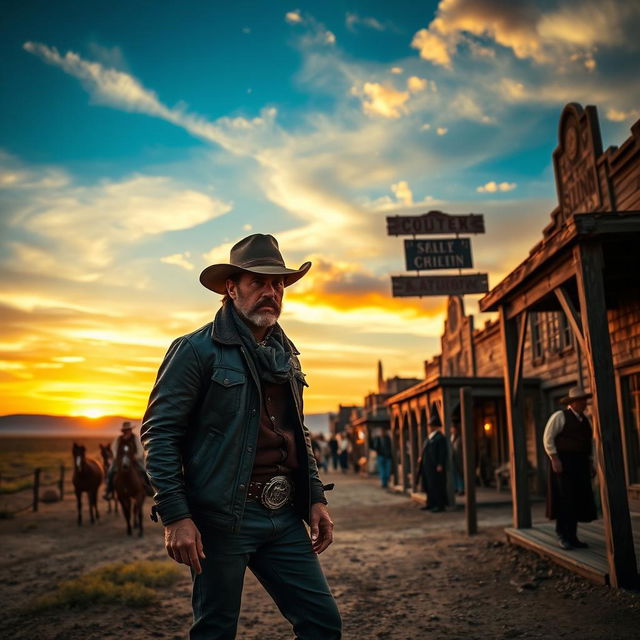 A captivating scene set in the Wild West, showcasing a bustling frontier town at dusk with dusty streets and wooden saloons