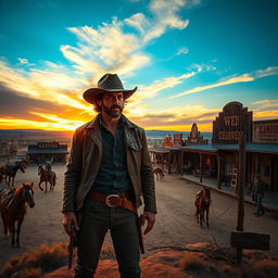 A captivating scene set in the Wild West, showcasing a bustling frontier town at dusk with dusty streets and wooden saloons