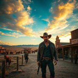 A captivating scene set in the Wild West, showcasing a bustling frontier town at dusk with dusty streets and wooden saloons