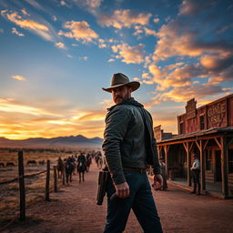 A captivating scene set in the Wild West, showcasing a bustling frontier town at dusk with dusty streets and wooden saloons