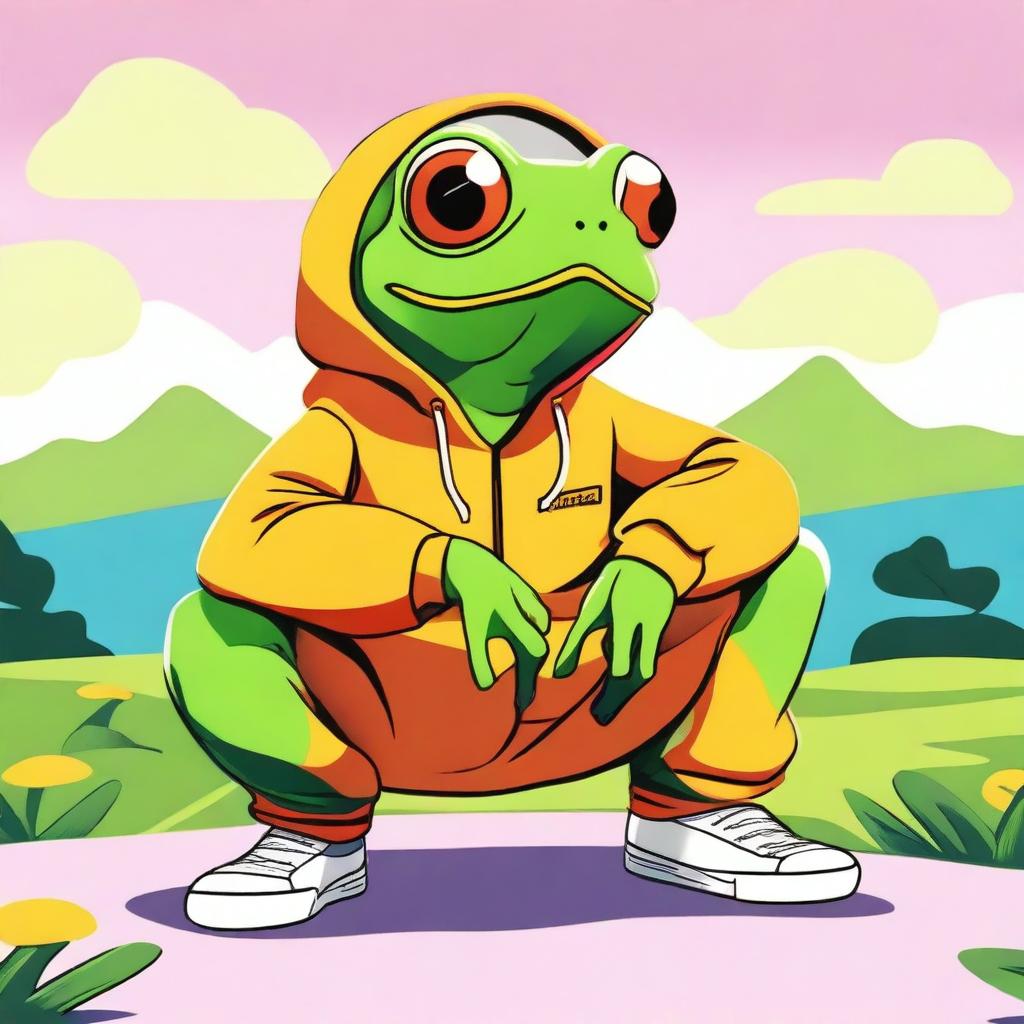 A high-quality digital art image featuring a frog in a tracksuit, crouching down