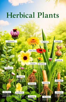 A vibrant and educational display showcasing a variety of medicinal plants, each labeled with their names and therapeutic uses