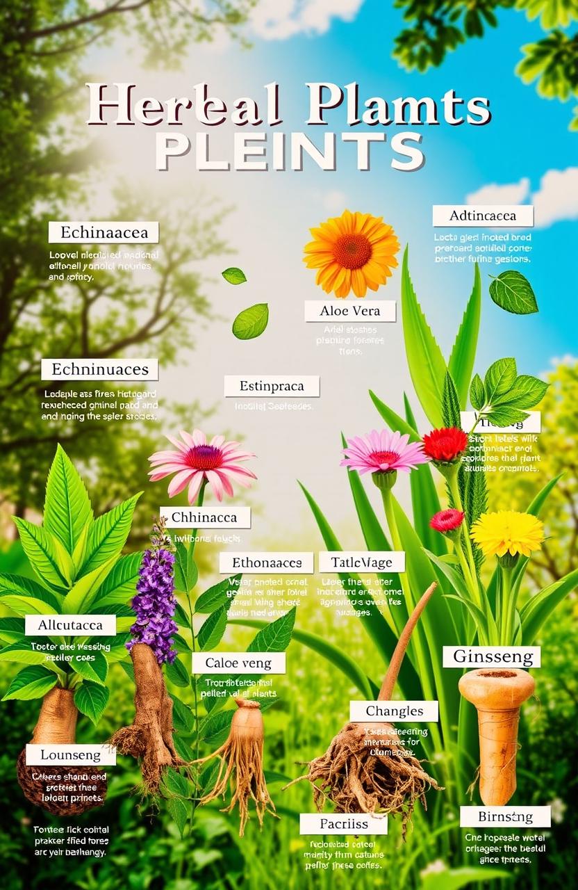 A vibrant and educational display showcasing a variety of medicinal plants, each labeled with their names and therapeutic uses