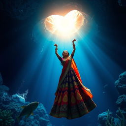A stunning abyss in the deep ocean, featuring light emanating from a heart-shaped ceiling, casting a warm and enchanting glow