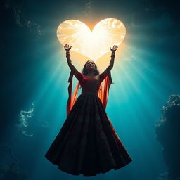 A stunning abyss in the deep ocean, featuring light emanating from a heart-shaped ceiling, casting a warm and enchanting glow