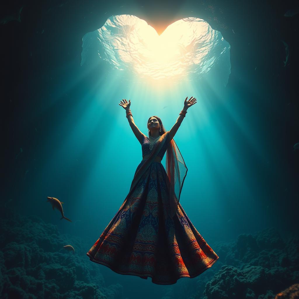A stunning abyss in the deep ocean, featuring light emanating from a heart-shaped ceiling, casting a warm and enchanting glow