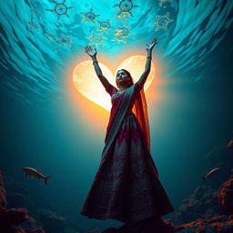 A stunning abyss in the deep ocean, featuring light emanating from a heart-shaped ceiling, casting a warm and enchanting glow