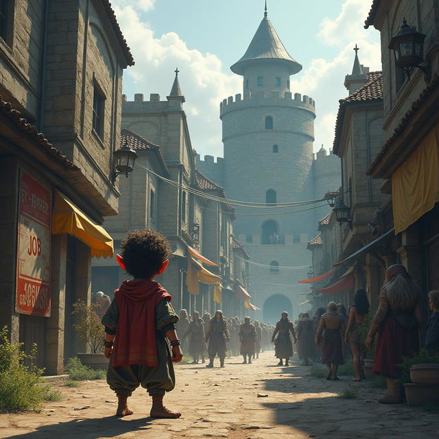 A detailed scene in a medieval city featuring a halfling observing the stark contrast between the affluent Diamond District and the grim Market District below