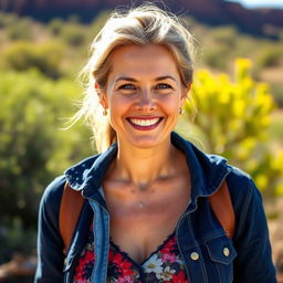 A 30-45 year old woman with either light or dark hair, possessing Australian features, dressed in casual fashionable clothing, standing outdoors against a vibrant natural landscape, radiant smile, showcasing confidence and warmth