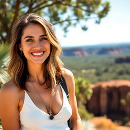 A 30-45 year old woman with either light or dark hair, possessing Australian features, dressed in casual fashionable clothing, standing outdoors against a vibrant natural landscape, radiant smile, showcasing confidence and warmth