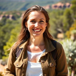 A 30-45 year old woman with either light or dark hair, possessing Australian features, dressed in casual fashionable clothing, standing outdoors against a vibrant natural landscape, radiant smile, showcasing confidence and warmth