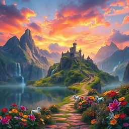 A stunning fantasy landscape featuring towering mountains with lush greenery, cascading waterfalls, and a vibrant sunset sky filled with shades of orange and purple