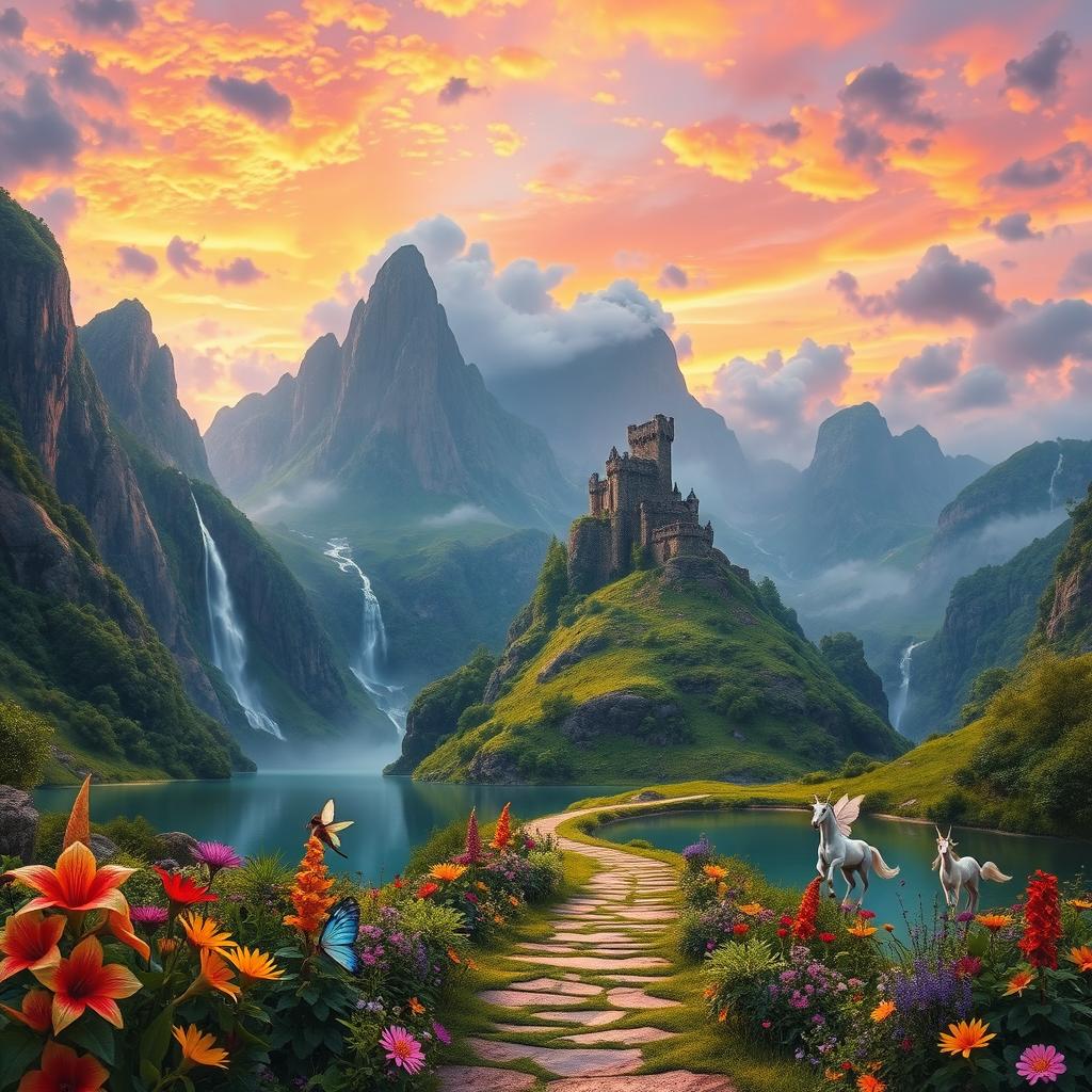 A stunning fantasy landscape featuring towering mountains with lush greenery, cascading waterfalls, and a vibrant sunset sky filled with shades of orange and purple