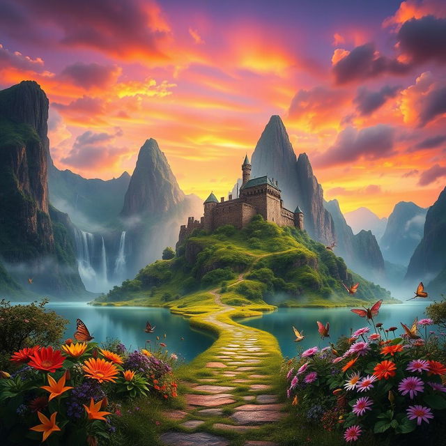 A stunning fantasy landscape featuring towering mountains with lush greenery, cascading waterfalls, and a vibrant sunset sky filled with shades of orange and purple