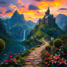 A stunning fantasy landscape featuring towering mountains with lush greenery, cascading waterfalls, and a vibrant sunset sky filled with shades of orange and purple