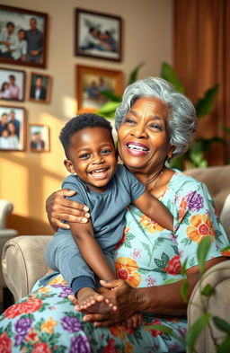 A cheerful scene featuring a young black boy joyfully sitting on his grandmother's lap