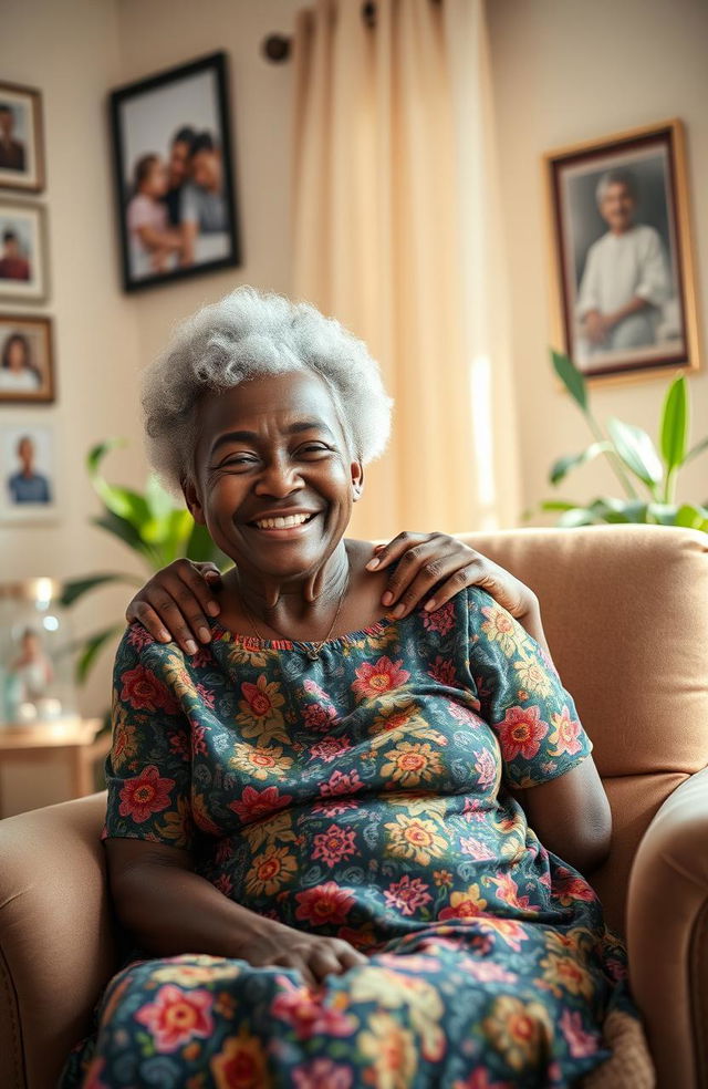 A cheerful scene featuring a young black boy joyfully sitting on his grandmother's lap