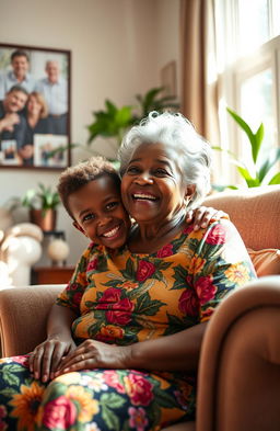 A cheerful scene featuring a young black boy joyfully sitting on his grandmother's lap