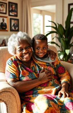 A cheerful scene featuring a young black boy joyfully sitting on his grandmother's lap