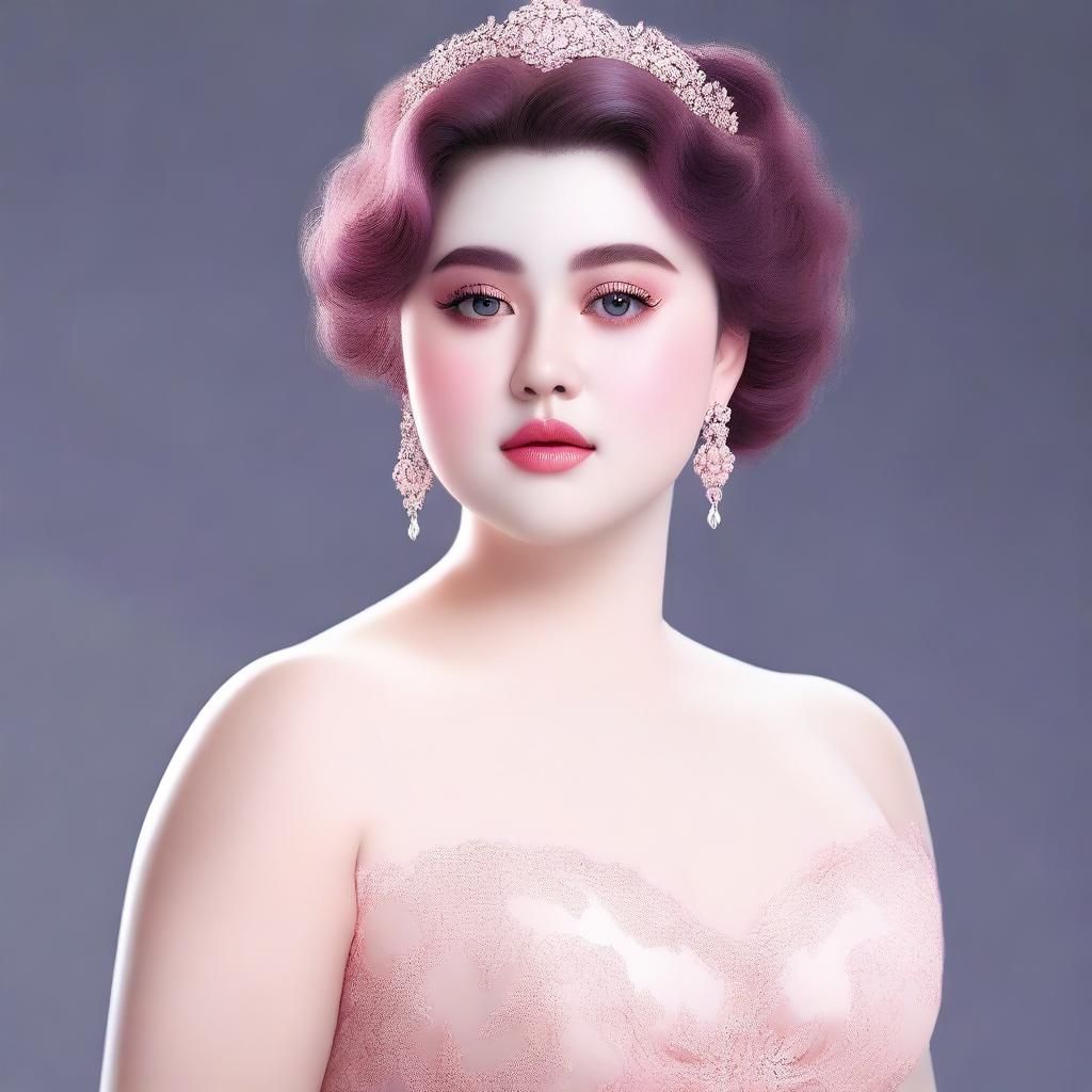 A high-quality digital art image showcasing a slightly chubby, slightly pale girl adorned with a stunning pink makeup look