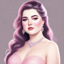 A high-quality digital art image showcasing a slightly chubby, slightly pale girl adorned with a stunning pink makeup look